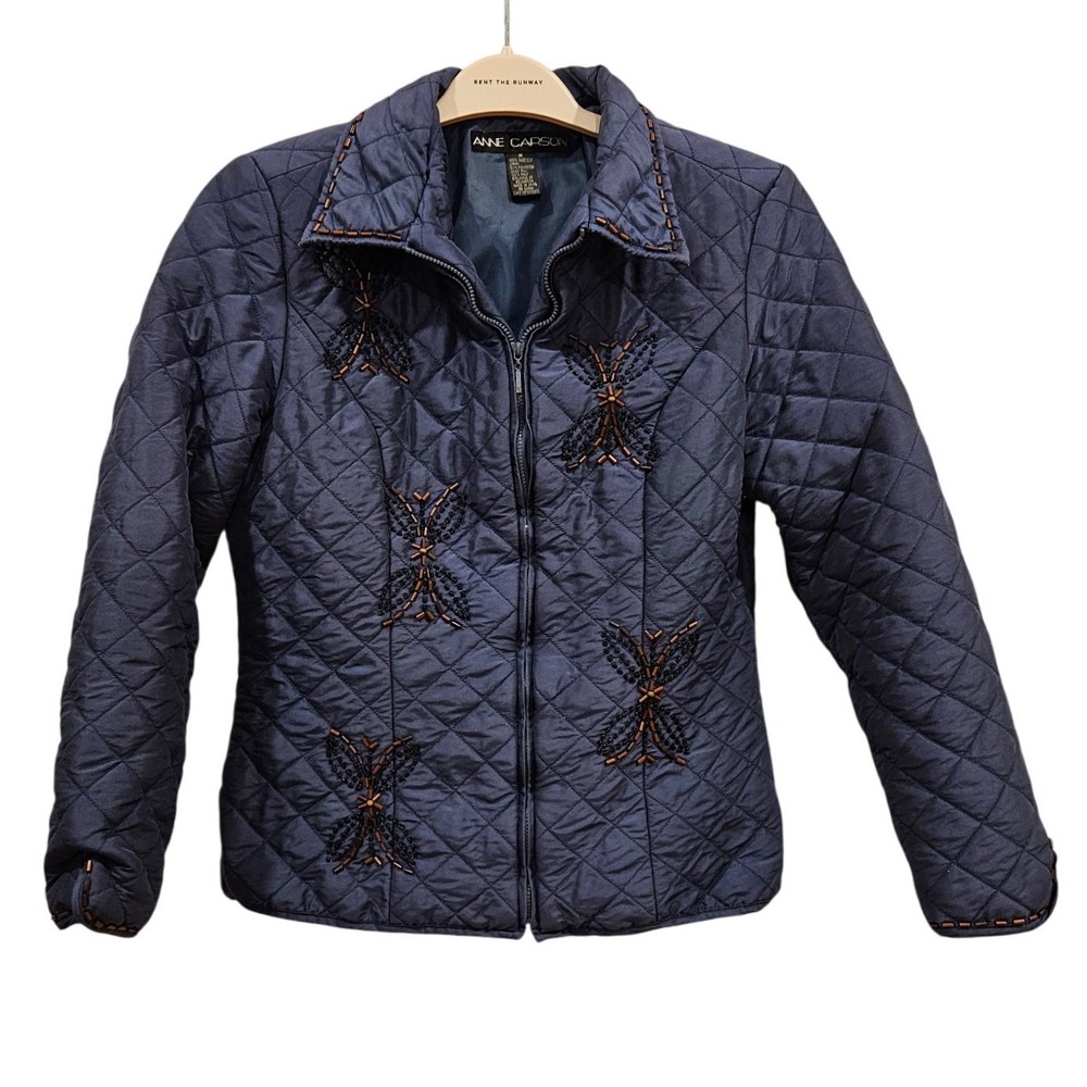 ANNE CARSON Quilted Silk Jacket Navy Embellished Butterfly M Vintage Beaded Y2K